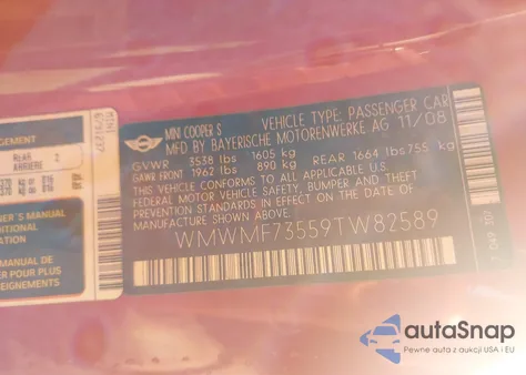 2009 Mini Cooper S из США, поврежденный, VIN WMWMF73559TW82589